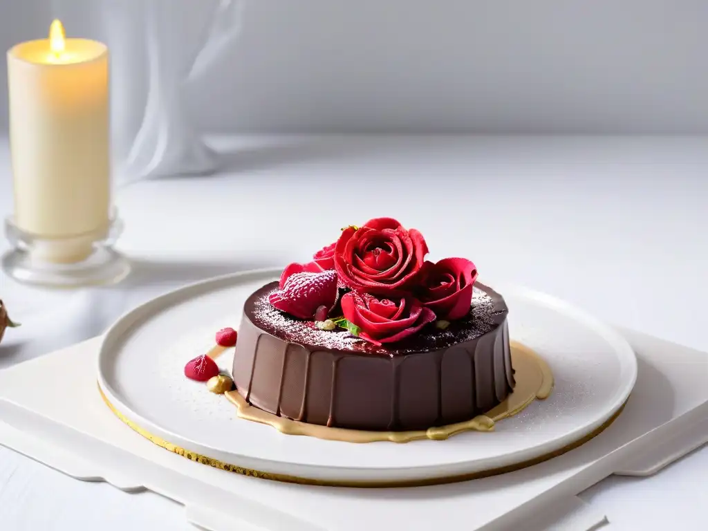 Un exquisito postre con rosa sobre mousse de chocolate, coulis de frambuesa y oro comestible