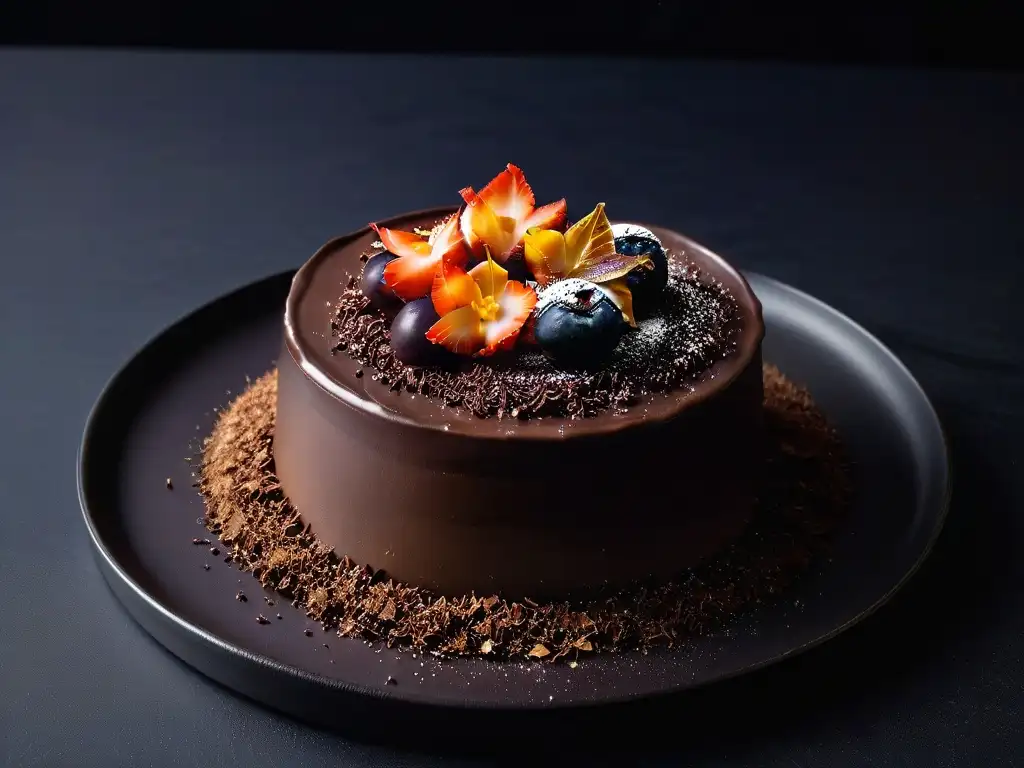 Un exquisito postre de chocolate decorado con elegantes virutas, en un plato blanco minimalista