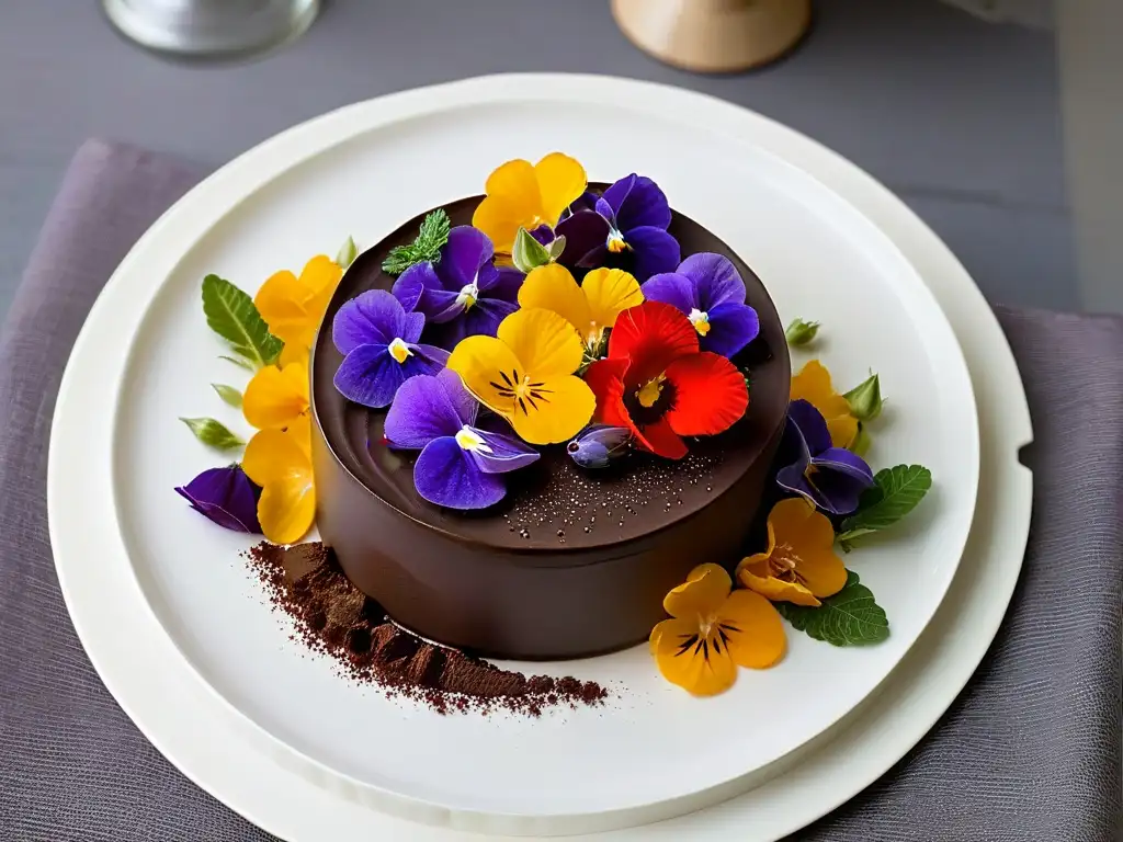 Un exquisito postre de mousse de chocolate decorado con flores comestibles en repostería