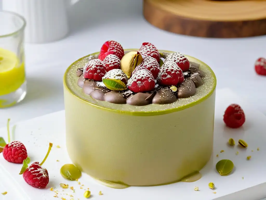 Un exquisito postre de chía con chocolate, frambuesas y pistachos, mostrando la sofisticación y beneficios de la chía en postres saludables