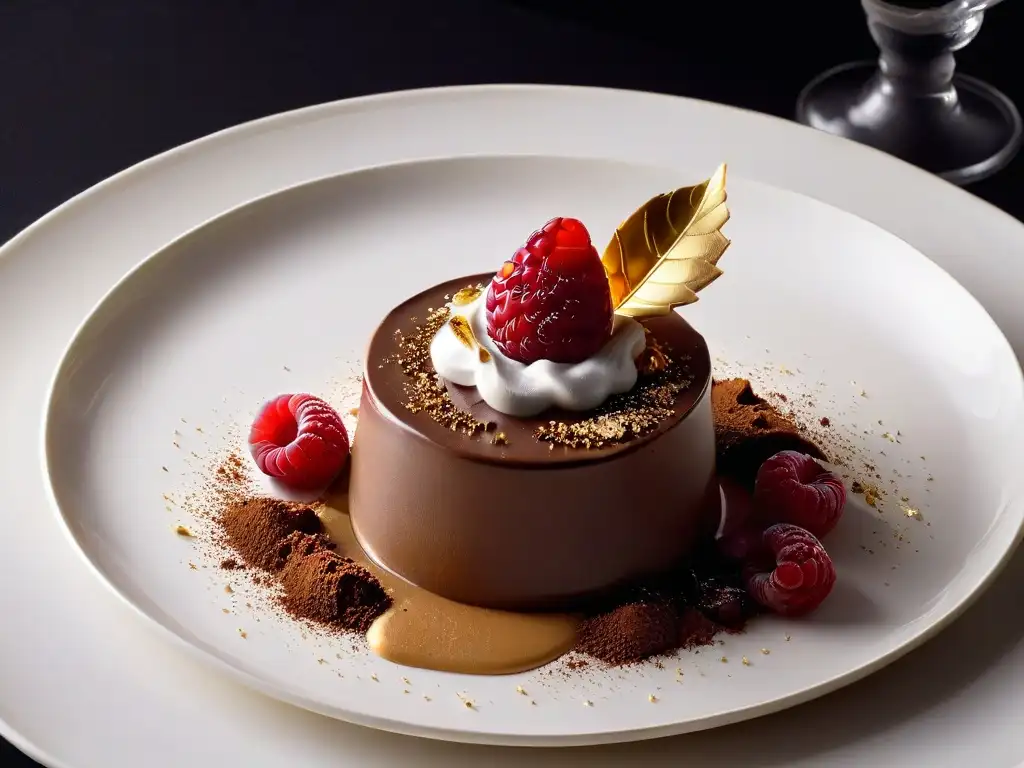 Exquisito postre de mousse de chocolate con hoja de oro y frambuesa, ideal para cenas corporativas