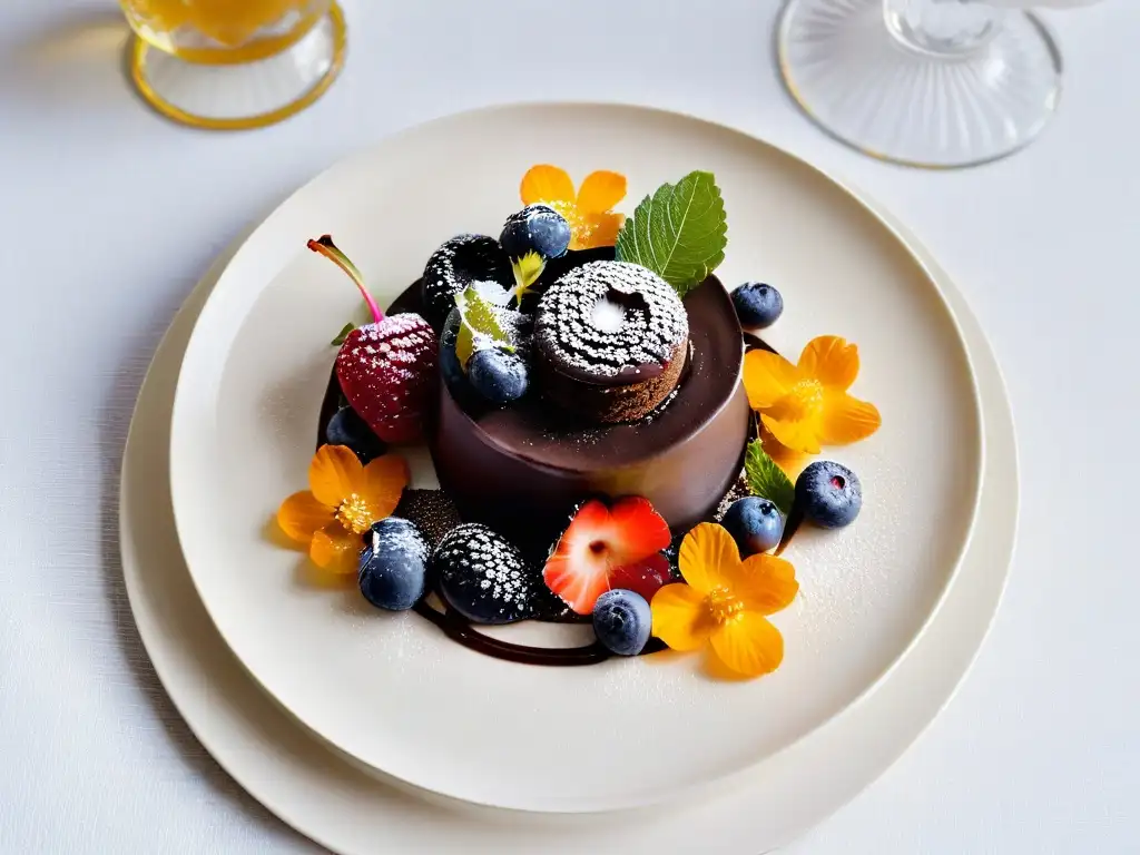 Un exquisito postre de chocolate con ingredientes orgánicos, frutas frescas y flores comestibles, en un elegante plato moderno