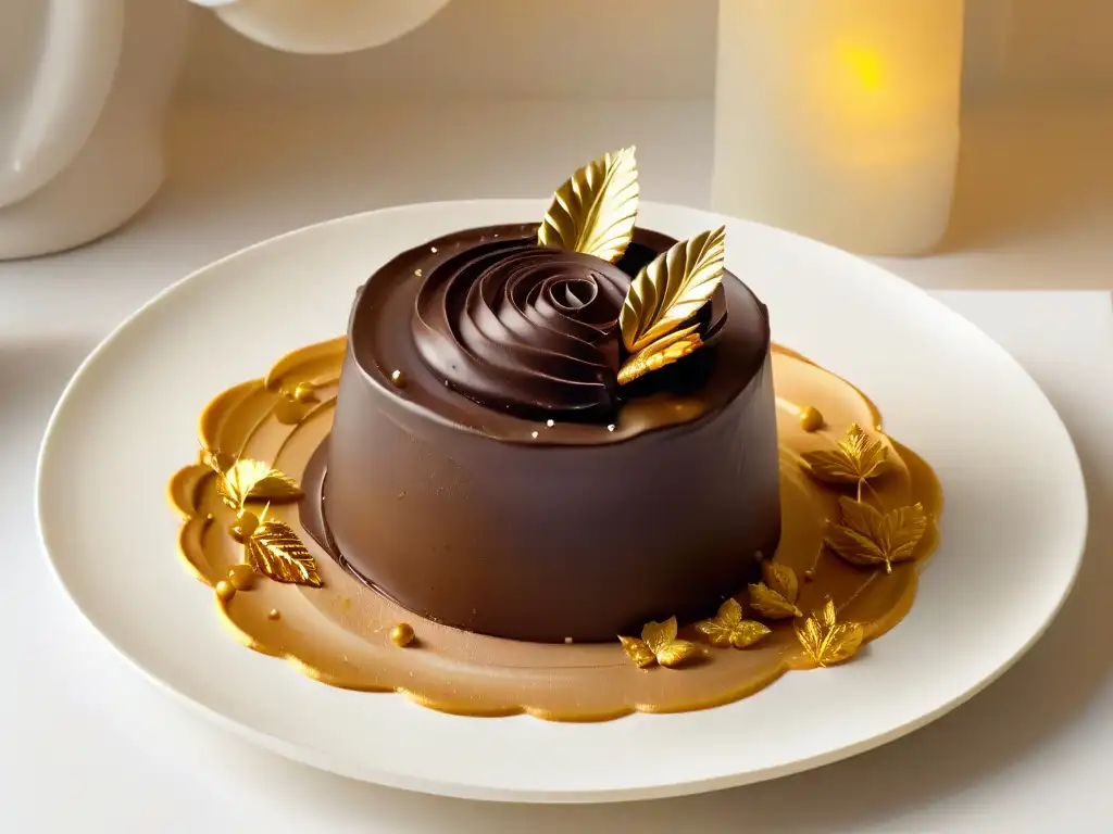Exquisito postre de chocolate con decoración de lujo y técnicas avanzadas