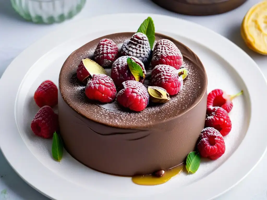 Un exquisito postre de mousse de chocolate negro con frambuesas y pistachos