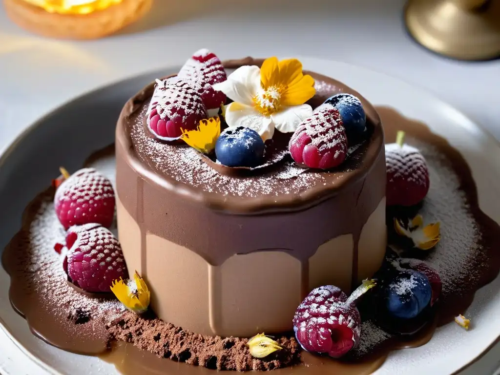 Dulce tentación: Detalle exquisito de postre de chocolate y frutas Exquisito postre de chocolate con oro, frambuesas y flores, mejora postres con ciencia