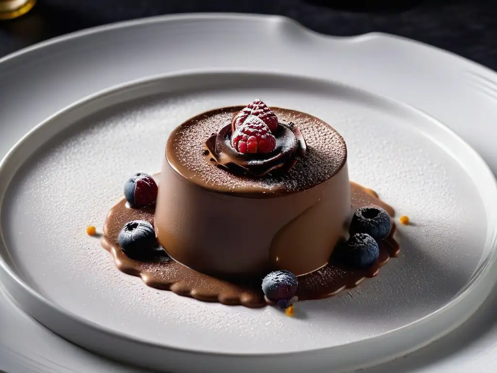 Exquisito postre de mousse de chocolate con textura rica y brillo, decorado con cacao y frambuesa fresca en plato blanco