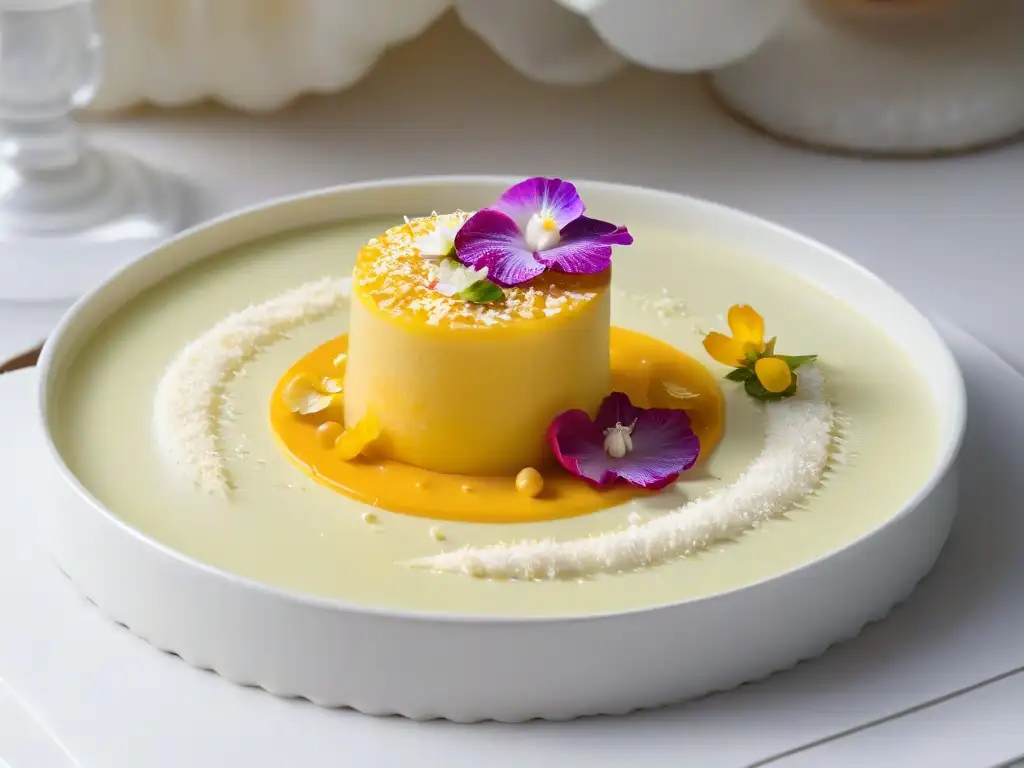 Exquisita pudding de maíz y coco: arte en 8k Exquisito postre con maíz y coco, adornado con flores comestibles y coco tostado en un elegante plato blanco