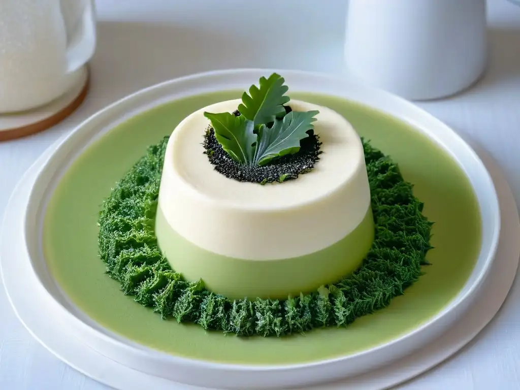 Exquisito postre con panna cotta de sal marina y decoración de algas, presentado de forma elegante en plato cerámico moderno