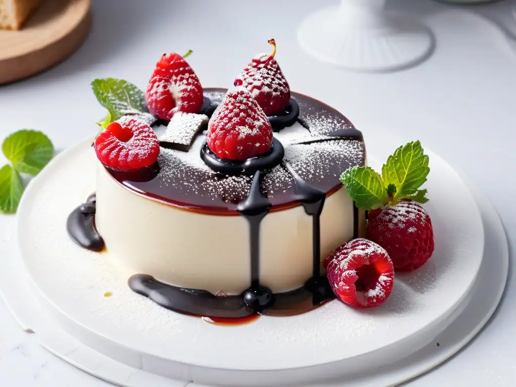 Exquisito postre de panna cotta con vinagre balsámico, frambuesas y menta