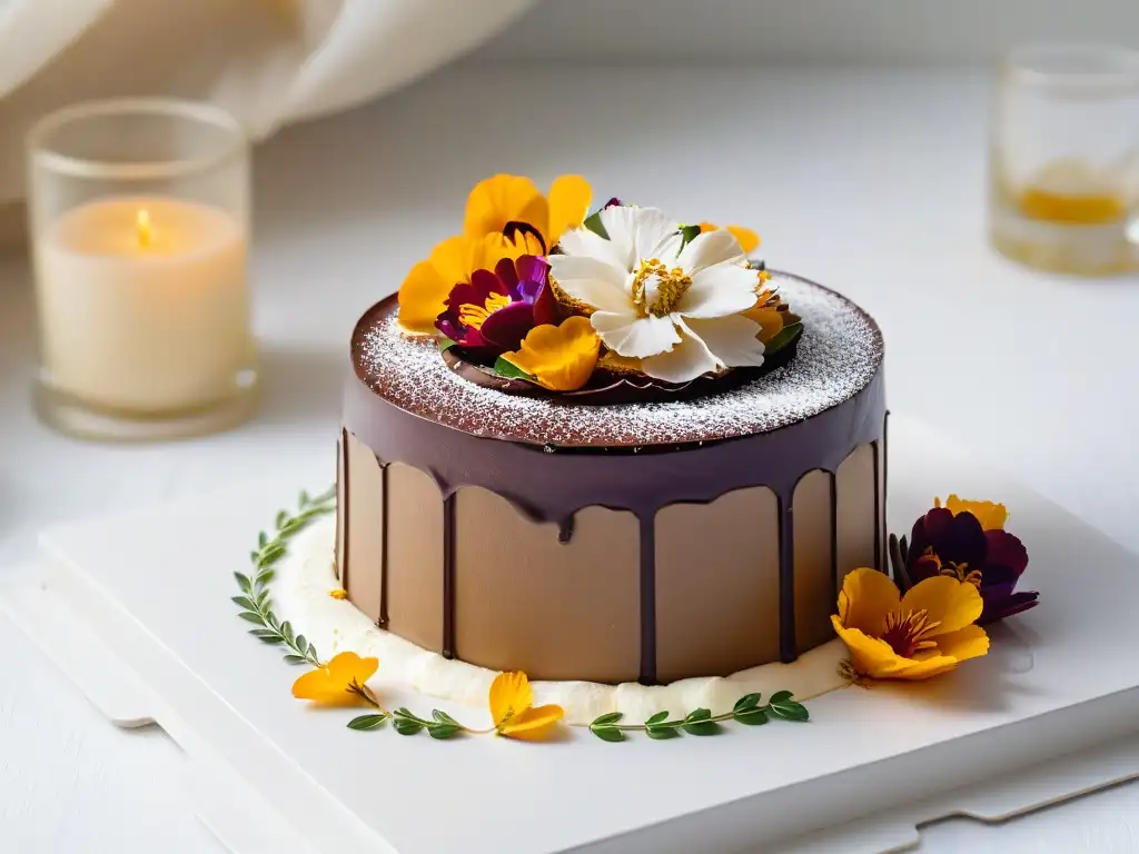 Exquisito postre con detalles dorados y flores comestibles