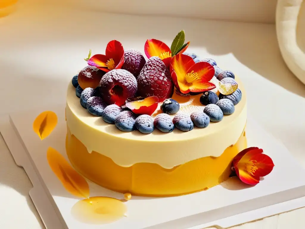 Exquisito postre con detalles vibrantes y creativos: capas de bizcocho, mousse y glaseado de frutas, decorado con flores comestibles y hojas de oro