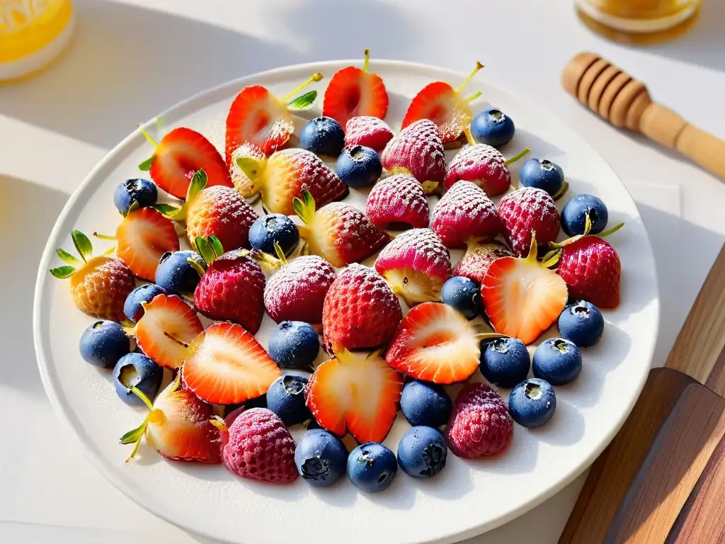 Un exquisito postre para diabéticos: una colorida y deliciosa selección de frutas frescas con miel y nueces, sobre fondo blanco brillante