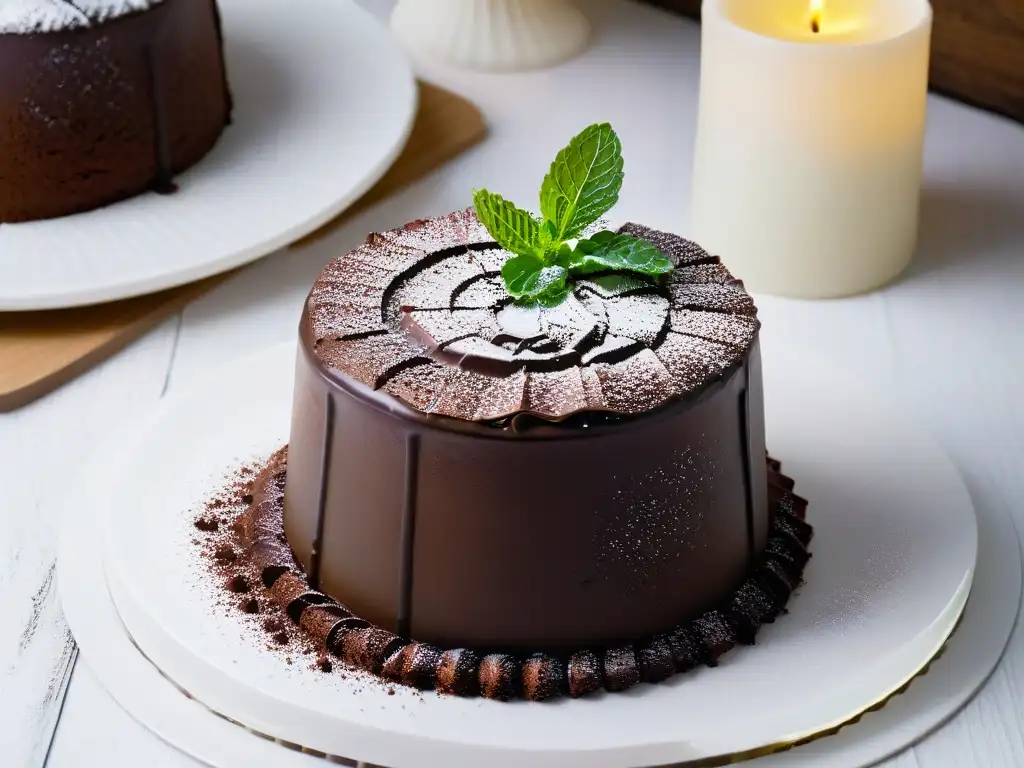 Un exquisito postre dulce y picante: una rebanada de pastel de chocolate y chile con ganache y menta fresca en un elegante plato blanco