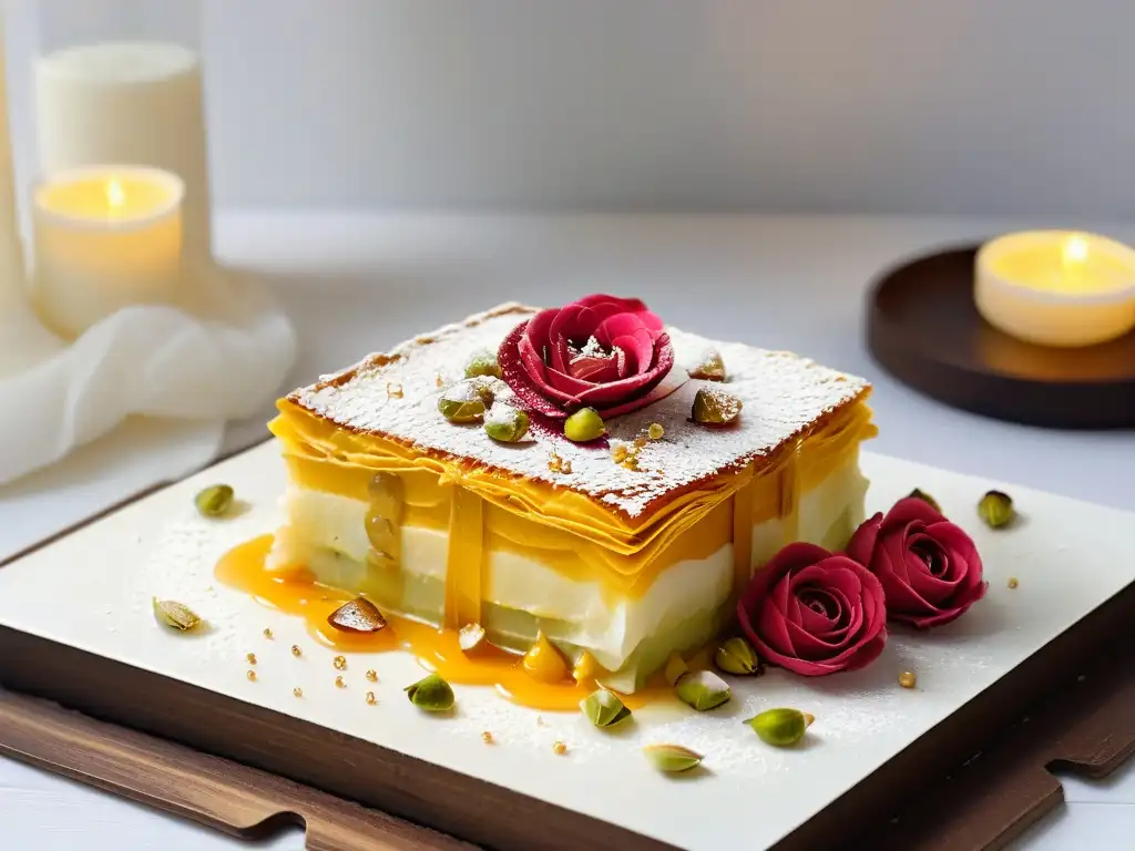 Un exquisito postre egipcio con influencia histórica, adornado con pistachos, miel y pétalos de rosa sobre fondo blanco iluminado