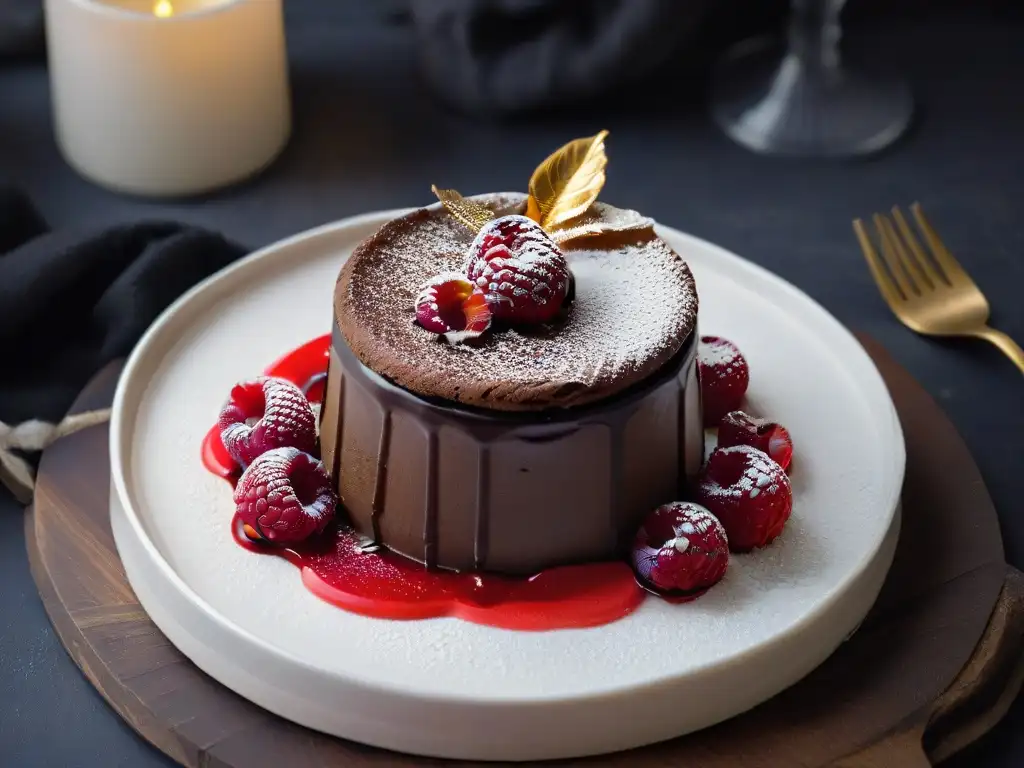 Exquisito postre elegante para cenas corporativas: pastel de lava de chocolate con coulis de frambuesa y lámina de oro