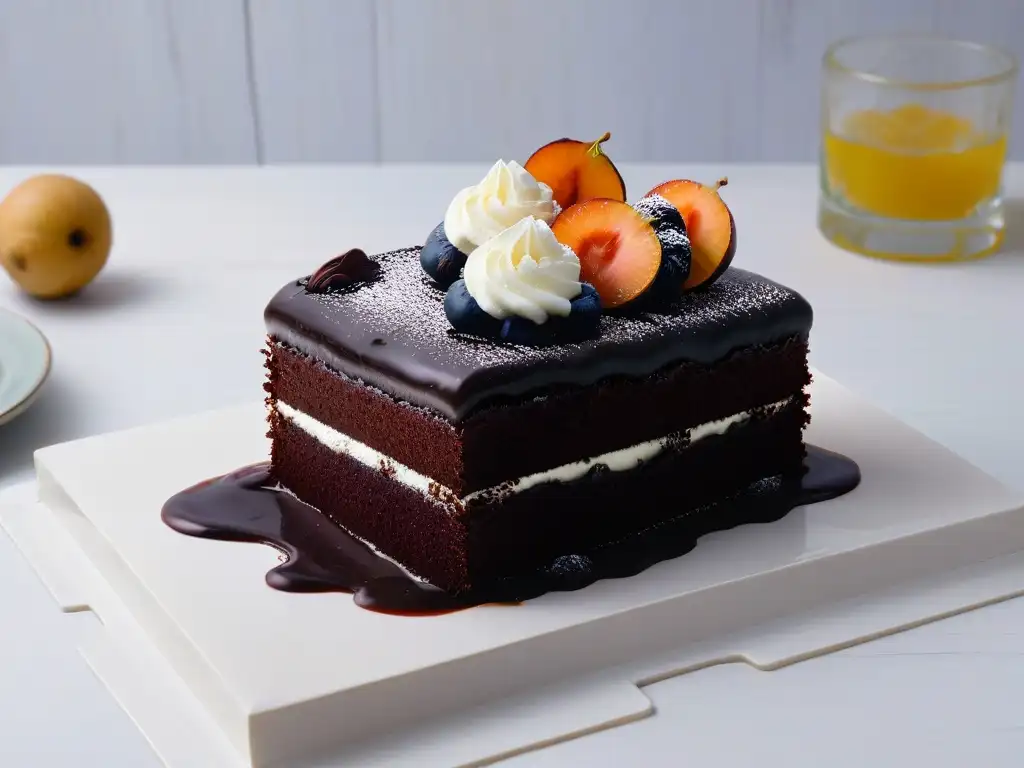 Un exquisito postre de elegante pastel de chocolate con crema y zapote negro