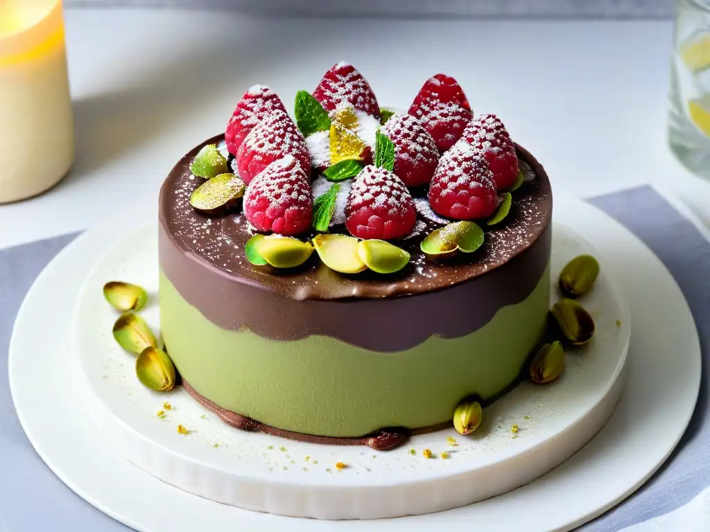 Un exquisito postre equilibrado de mousse de chocolate y aguacate con frambuesas y pistachos