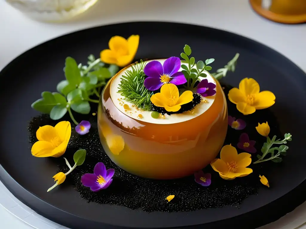 Exquisito postre esférico con detalles dorados y flores comestibles, muestra la excelencia de los gelificados en repostería moderna