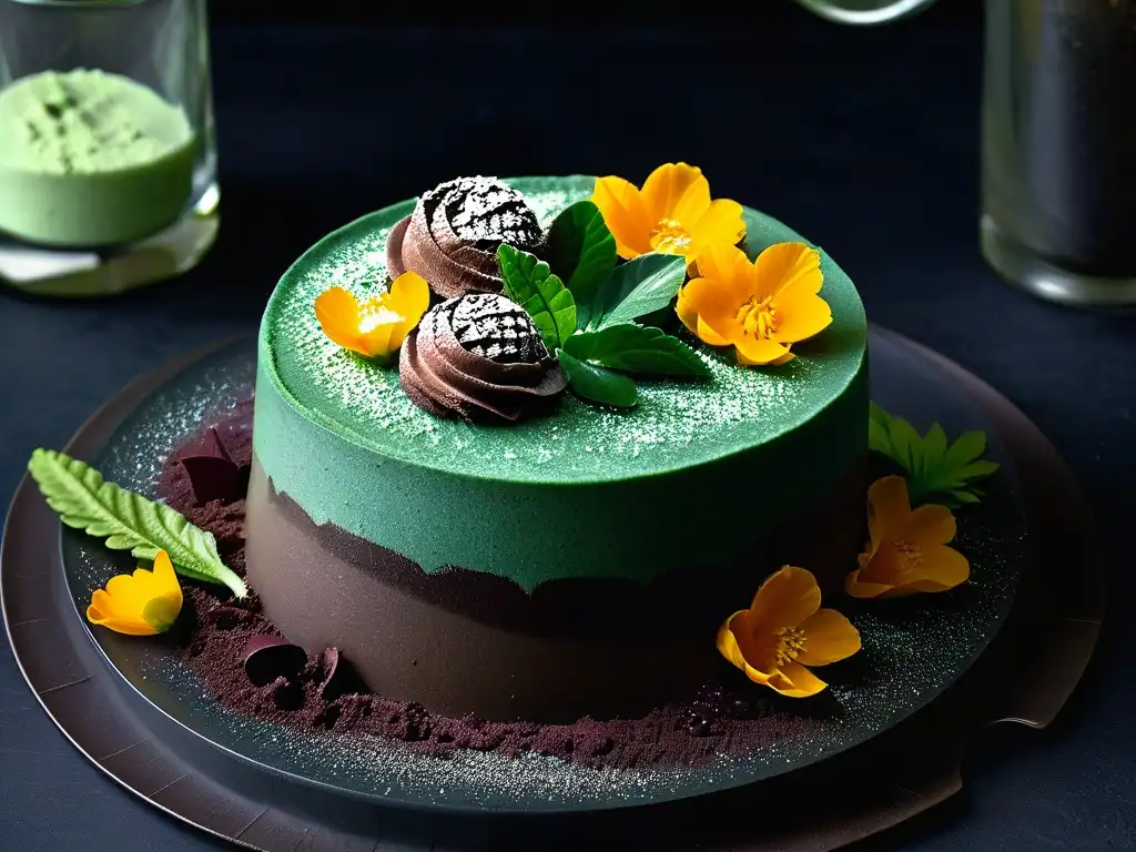 Un exquisito postre de mousse de espirulina y flores comestibles, en un elegante plato blanco