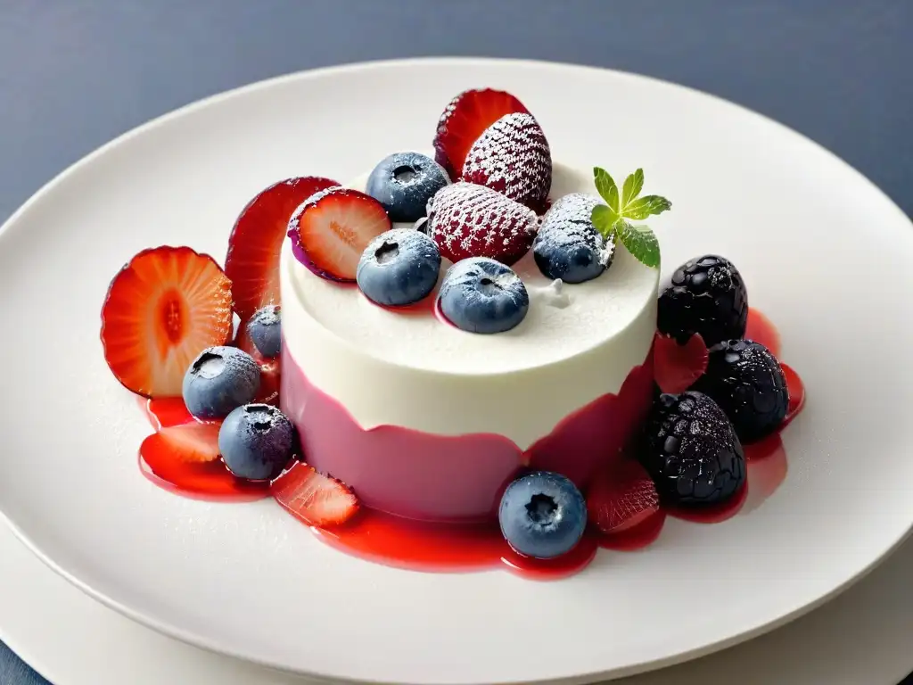 Exquisito postre fermentado con yogurt, bayas y miel en un plato minimalista