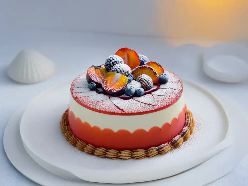 Un exquisito postre festivo navideño del mundo con capas de colores y texturas vibrantes en un elegante plato minimalista