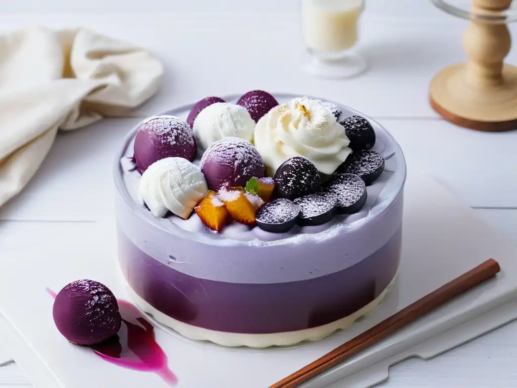 Un exquisito postre Halohalo filipino con vibrantes colores y sabores en un elegante bol de cristal