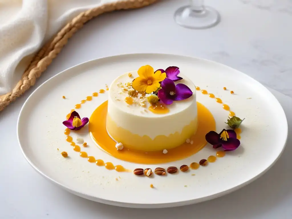 Un exquisito postre de Fufu y miel, con decoración de flores comestibles y nueces