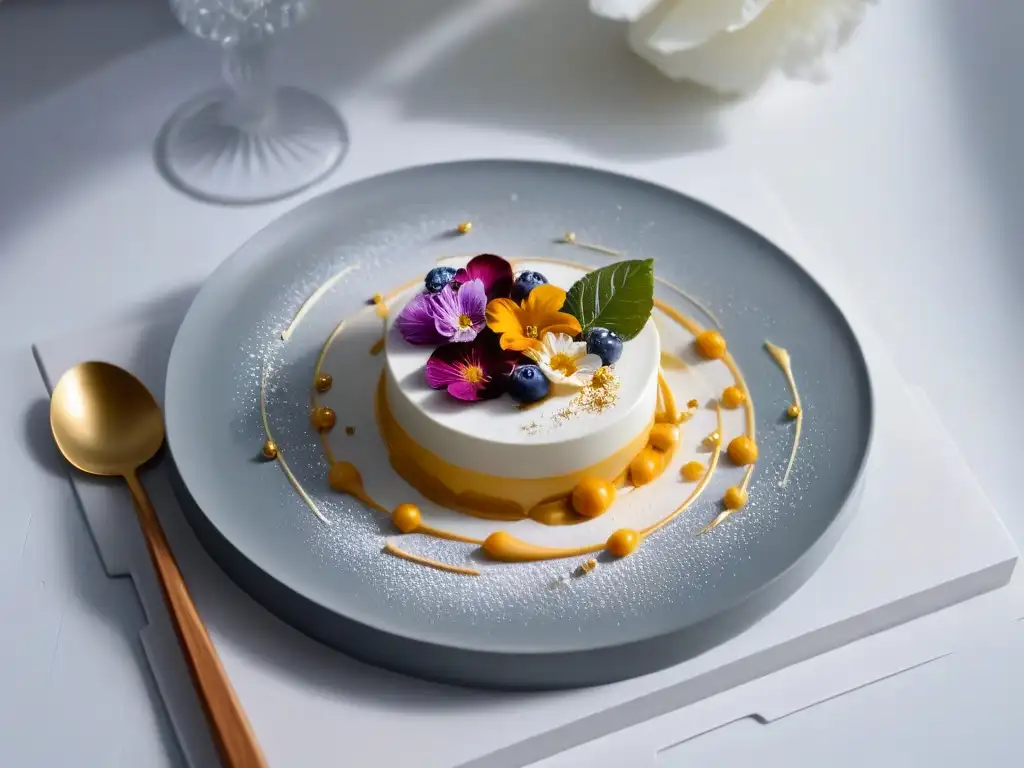 Un exquisito postre fusión arte clásico con detalles vibrantes y elegantes