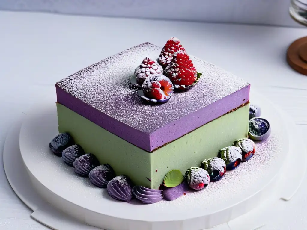 Exquisito postre de fusión para eventos: Tiramisú de matcha y pastel de ube con detalles dorados y frutas frescas