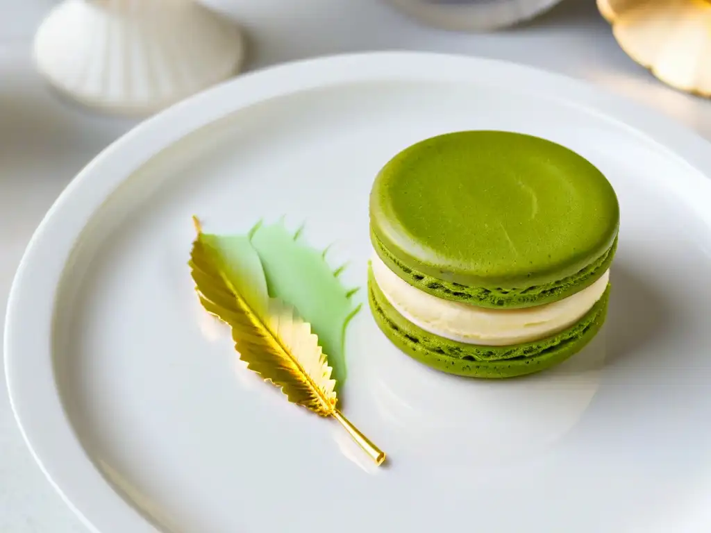 Un exquisito postre de fusión para viajar: un macaron francés con matcha y ganache, decorado con lámina de oro en un plato blanco moderno