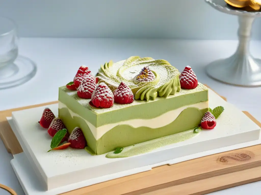 Un exquisito postre fusionado con matcha, oro comestible, frambuesas y menta