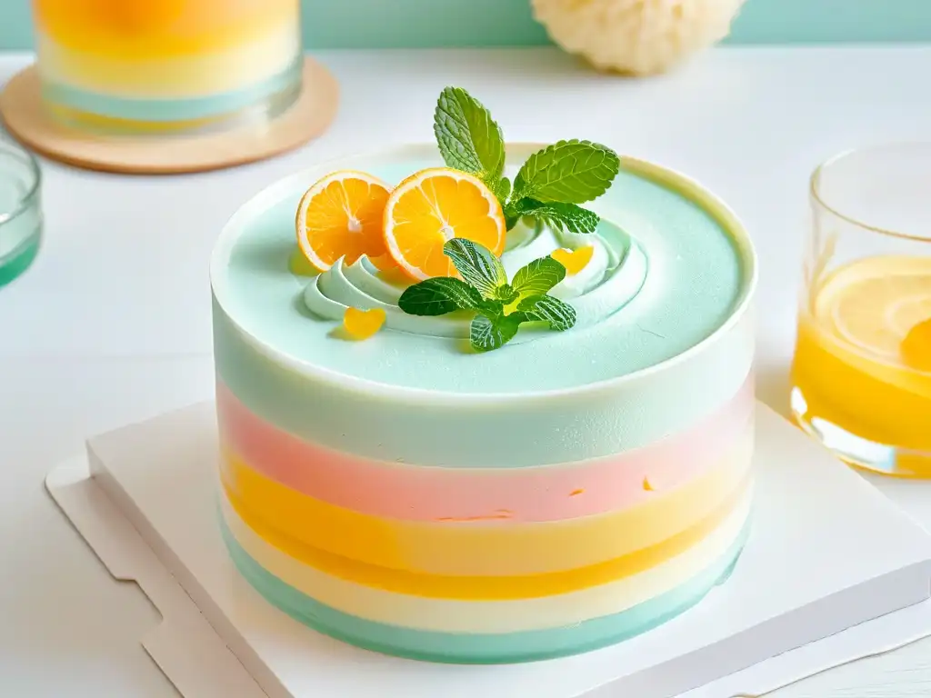 Un exquisito postre de gelatina saludable en capas pastel, en un cuenco de cristal