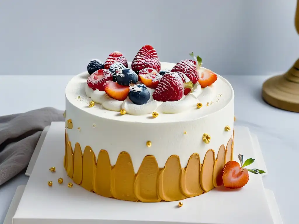 Exquisito postre sin gluten con teff, adornado con oro comestible y frutas frescas sobre mármol blanco