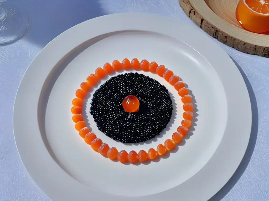 Exquisito postre gourmet con caviar de frutas en elegante plato blanco, perlas brillantes de colores vibrantes