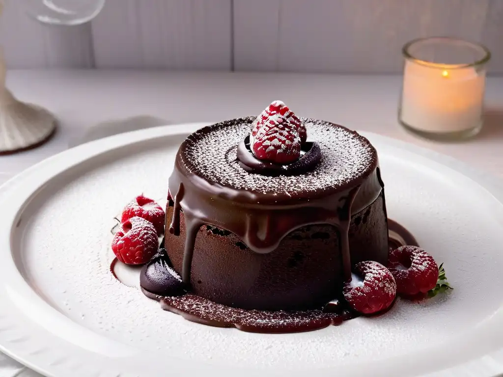 Un exquisito postre gourmet de chocolate de origen con frambuesa y cacao en polvo