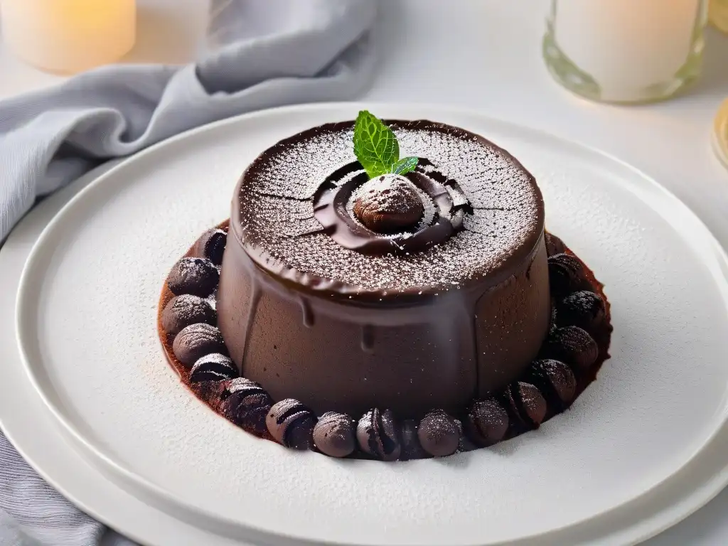 Exquisito postre gourmet: lava cake de chocolate de origen con menta fresca en plato blanco moderno
