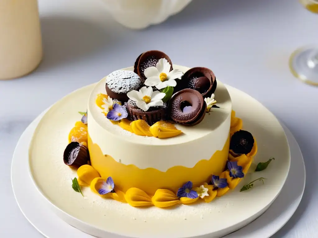 Un exquisito postre gourmet con decoración detallada en plato de porcelana blanco