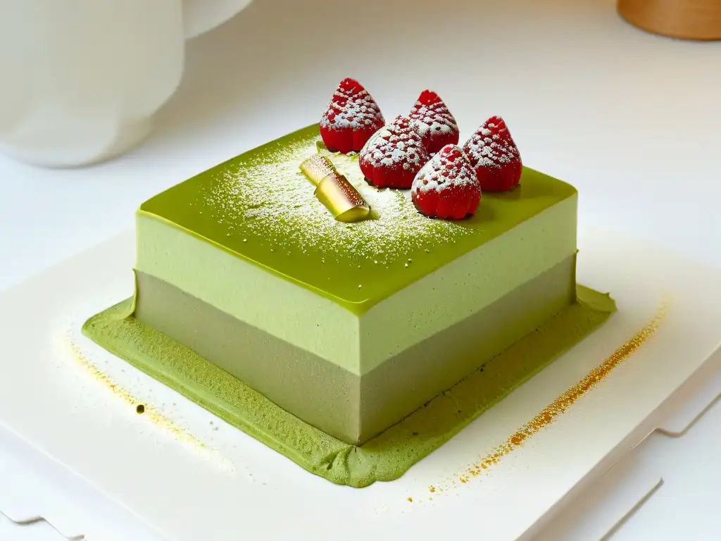 Un exquisito postre de fusión internacional gourmet: un tiramisú de matcha con láminas de oro, decorado con coulis de frambuesa sobre un plato blanco