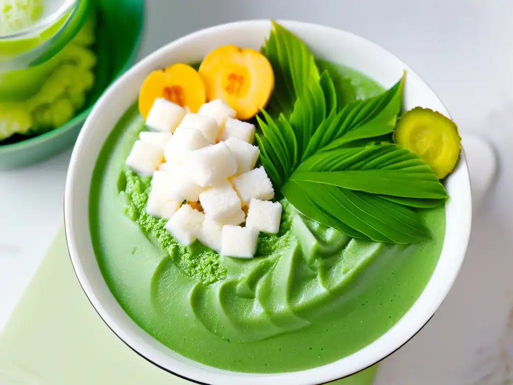 Un exquisito postre helado Cendol receta: bol de Cendol verde vibrante con pandan, leche de coco y hielo rallado