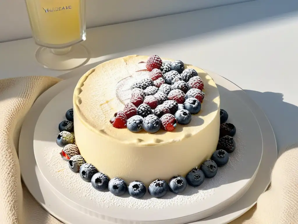 Un exquisito postre sin horno: cheesecake con frutas y azúcar glass, sobre un plato blanco moderno