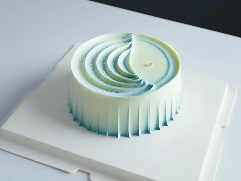 Exquisito postre impreso en 3D con diseño futurista y texturas precisas en plato moderno