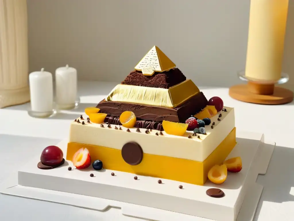 Exquisito postre inspirado en el arte egipcio con detalles dorados y forma de pirámide