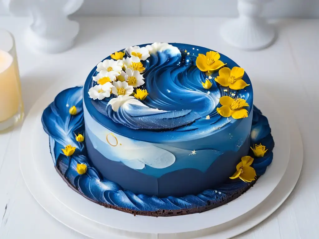 Delicia inspirada en Van Gogh: postre estrellado en alta resolución Exquisito postre inspirado en Van Gogh: noche estrellada en un plato, con swirls azules y amarillos, detalles de hoja de oro y flores comestibles