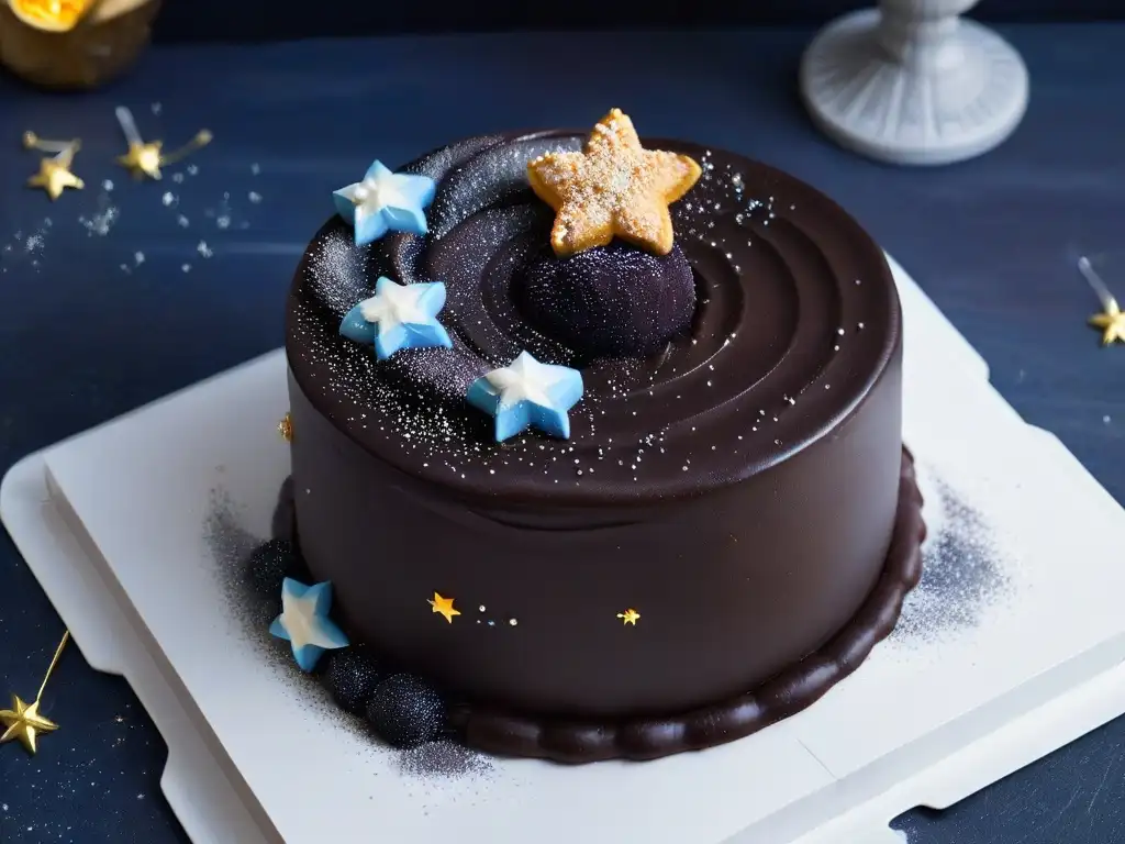 Exquisito postre inspirado en The Big Bang Theory: pastel de agujero negro de chocolate con galaxia comestible y estrellas brillantes