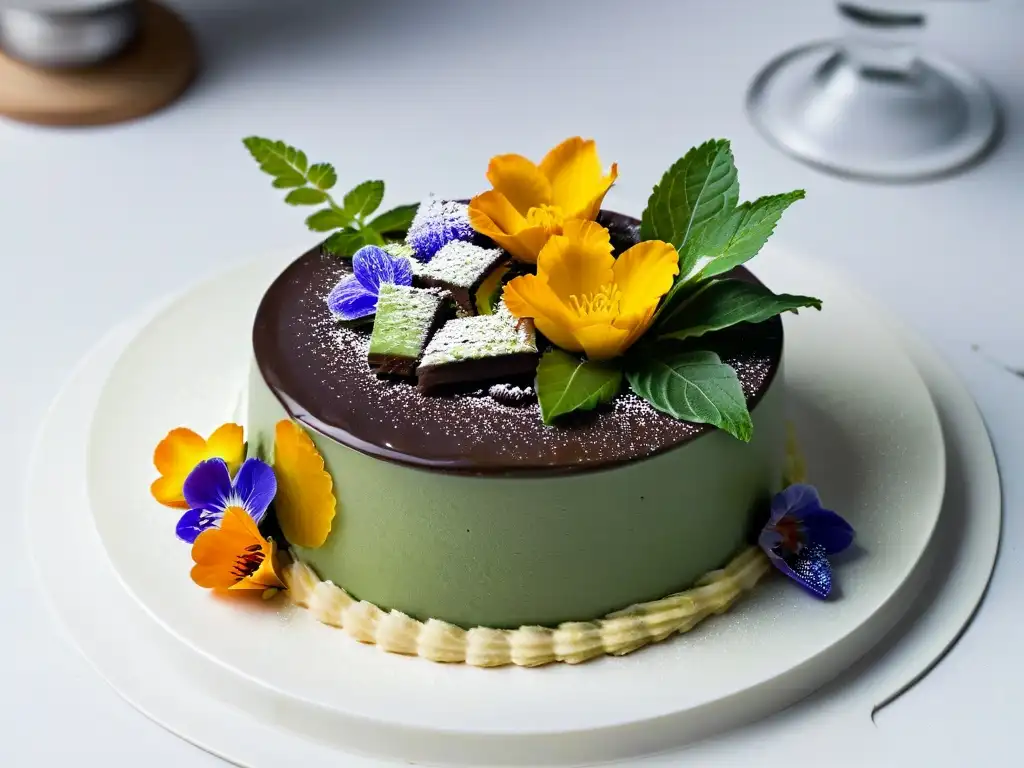 Un exquisito postre de fusión internacionales gourmet: mousse de té verde matcha, ganache de chocolate belga y flores comestibles, presentado en un plato de porcelana blanco sobre fondo negro