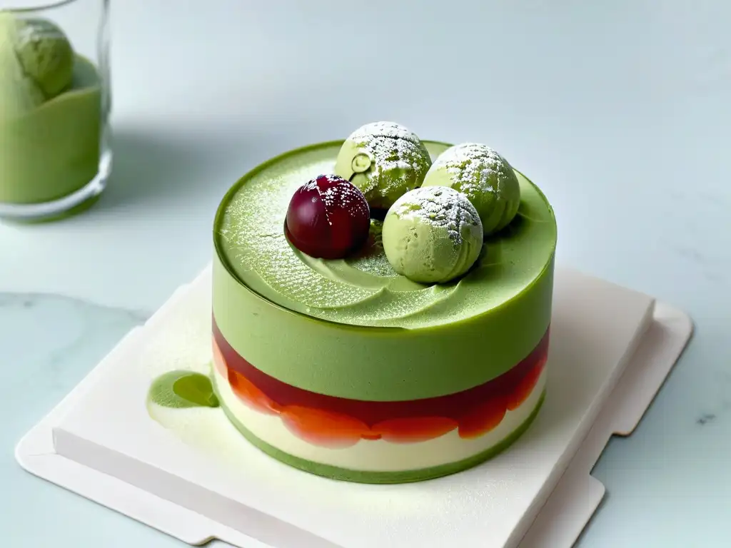 Un exquisito postre japonés de matcha en capas: helado, pasta de frijol rojo, mochi y leche condensada