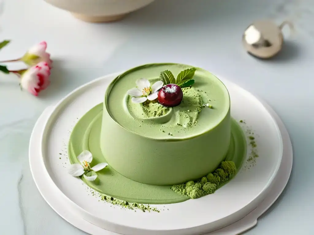 Un exquisito postre japonés de diseño minimalista: mousse de té matcha con flores de cerezo, elegante y sereno