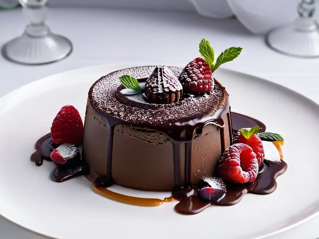 Exquisito postre de lava de chocolate con frambuesas y menta en plato blanco