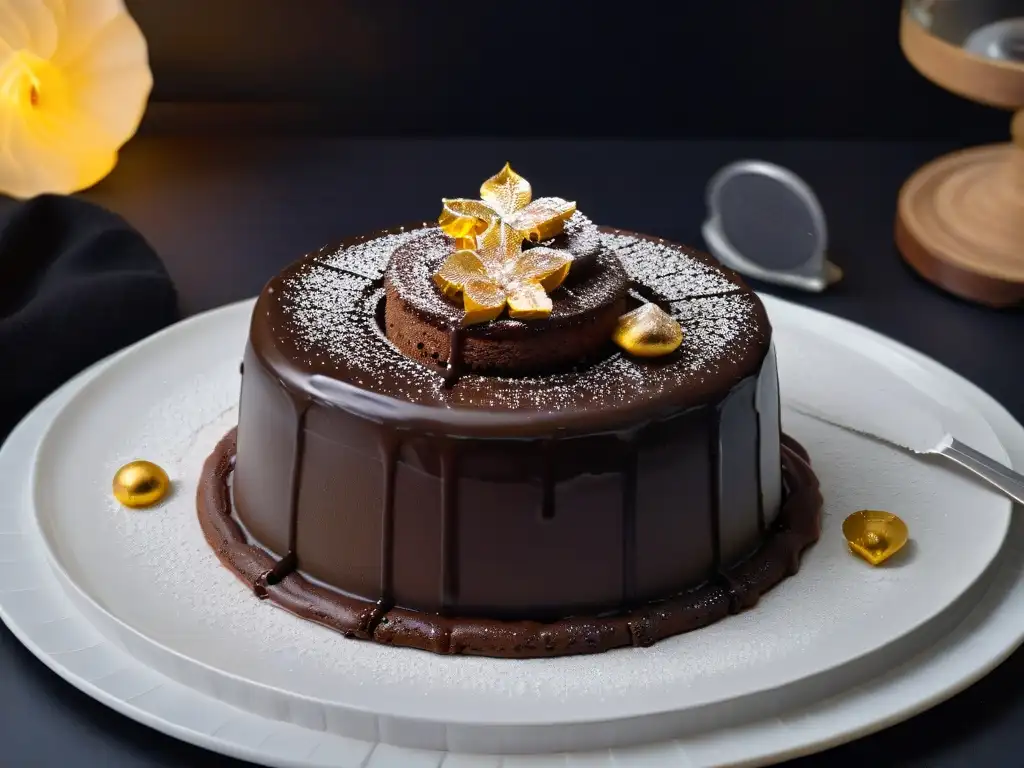 Exquisito pastel de lava de chocolate con oro comestible Exquisito postre de lujo para eventos: un tentador lava cake de chocolate con ganache brillante y hojuelas de oro comestibles