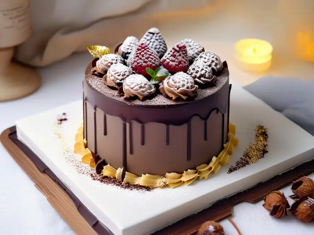 Dulce tentación: Tarta de mousse de chocolate multilayered con hoja de oro comestible y frambuesas frescas Exquisito postre de lujo para eventos: pastel de mousse de chocolate con hojas de oro comestible y frambuesas